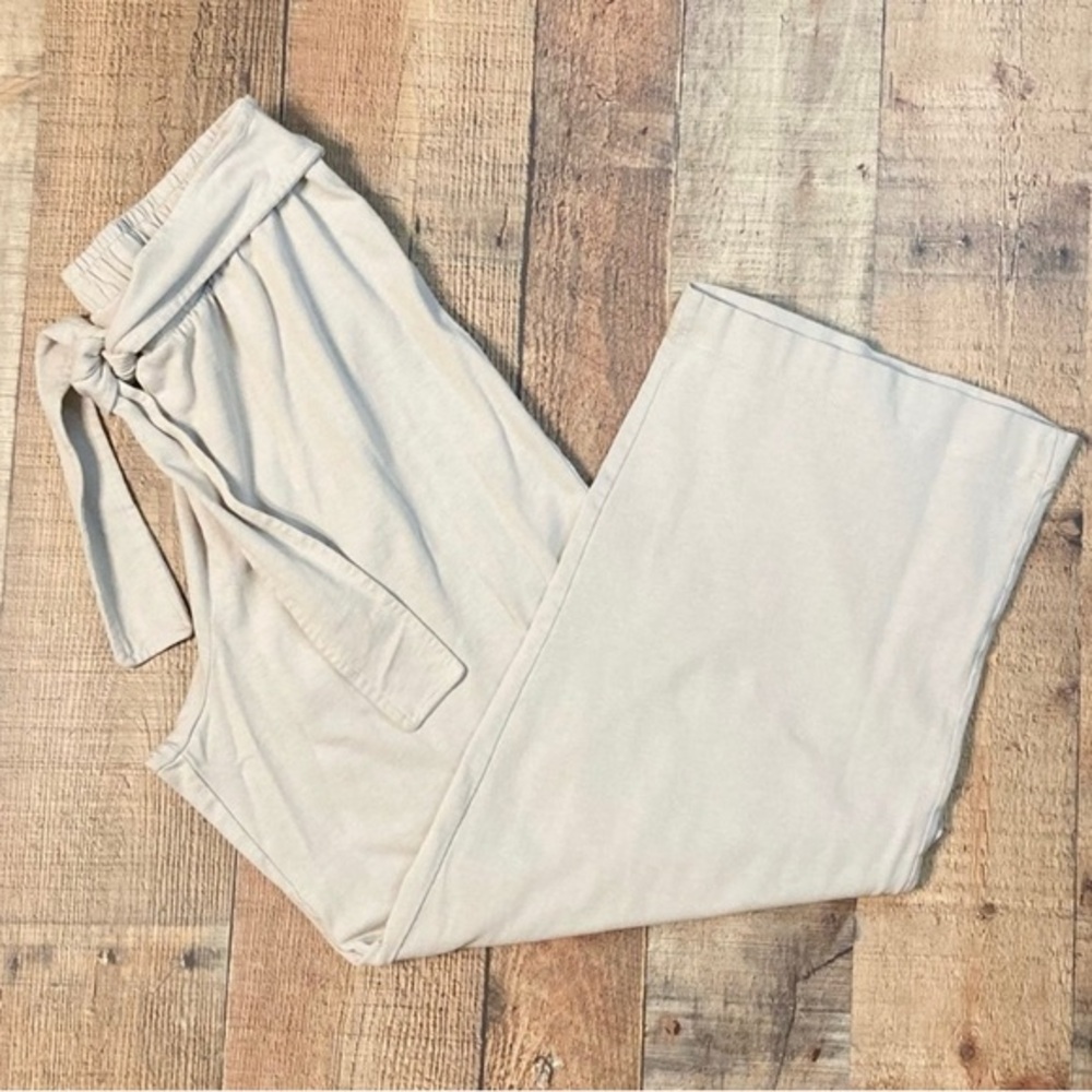 Zara Womens XL Beige 100% Cotton Wide Leg Tie Waist Crop Pants Elastic Waist